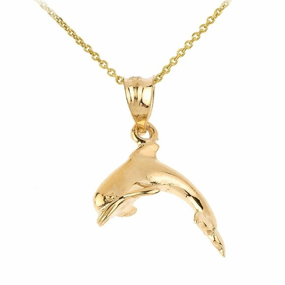 14k Solid Gold Shinning Dolphin Charm Pendant